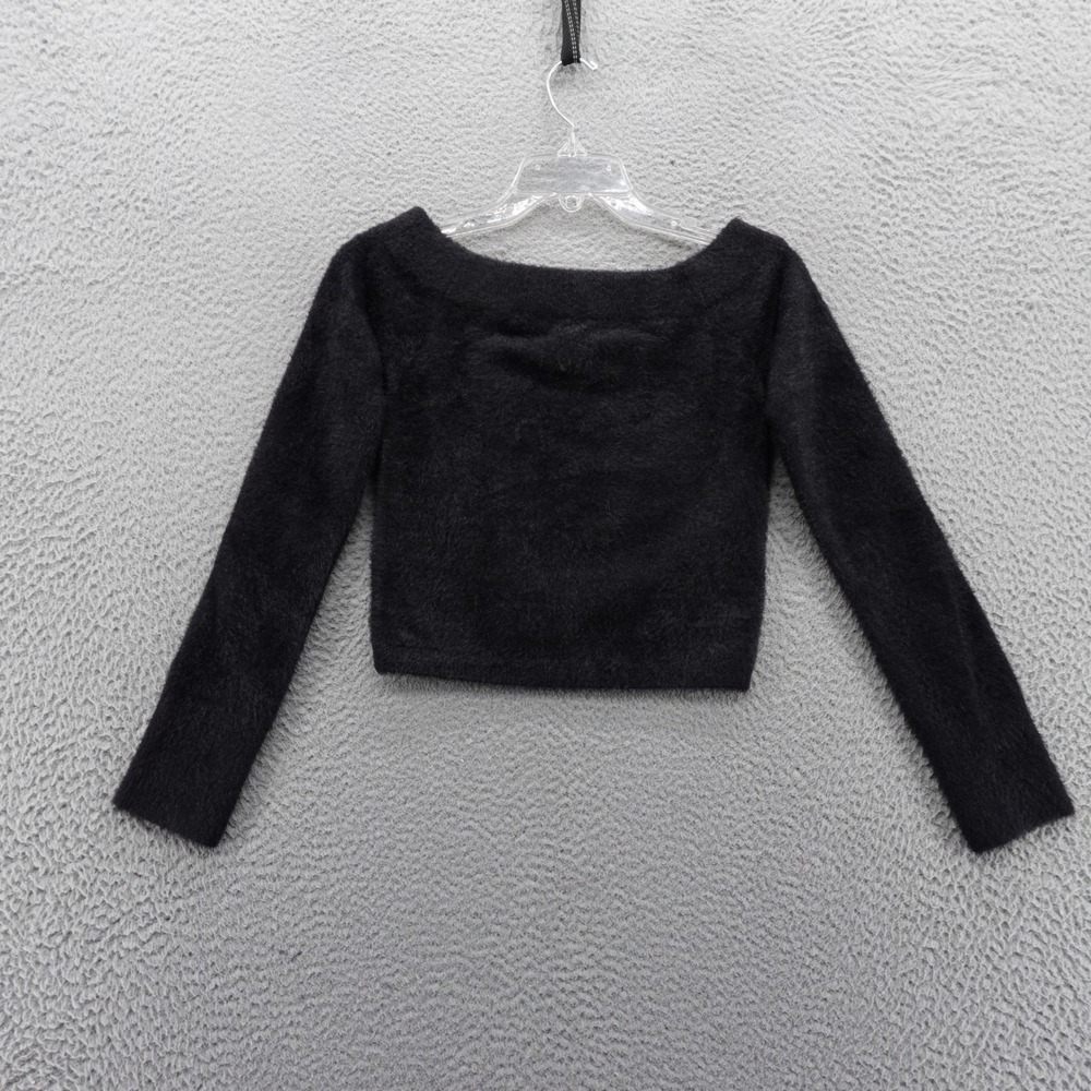 Good American Women Black Fuzzy Eyelash Knit Cropped Boat Neck Sweater XS NEW